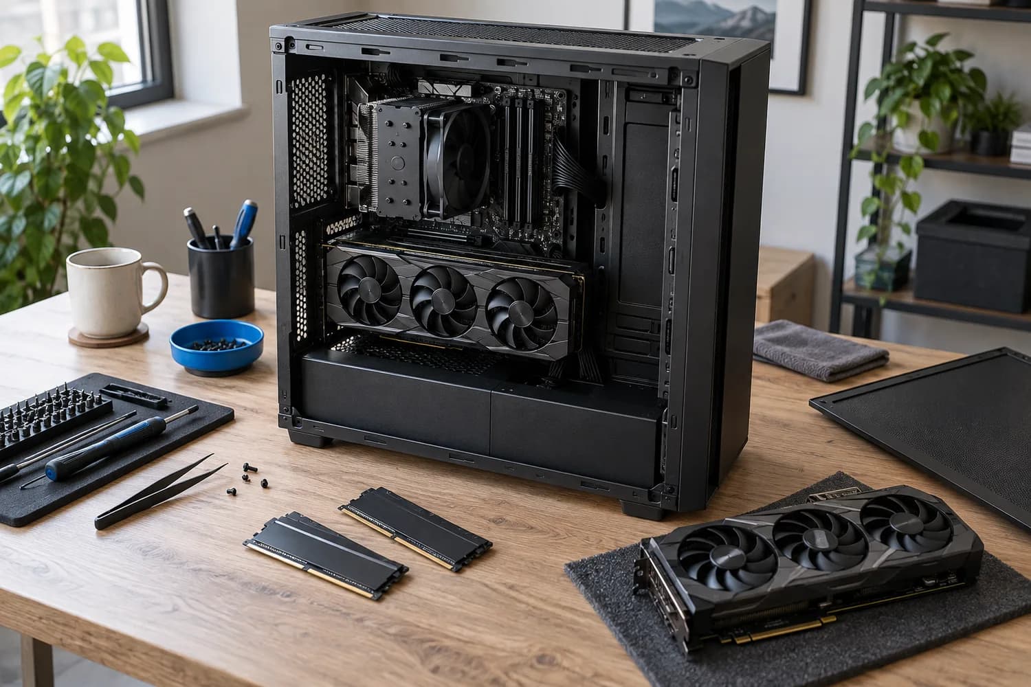Open desktop PC case with components laid out on a workbench