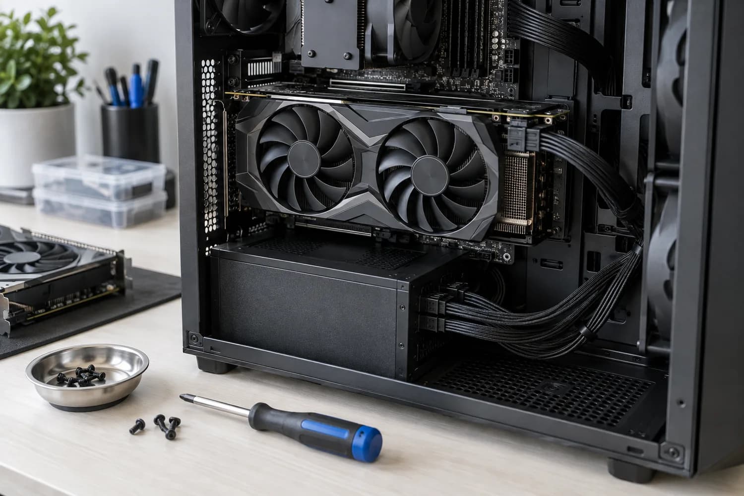 Desktop PC with a graphics card being fitted
